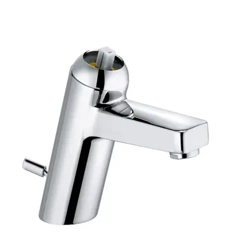 Chromfarbener Waschtischarmatur von Kludi, ohne Hebel, mit Ablaufgarnitur, einfaches Design, geeignet für moderne Badezimmer.